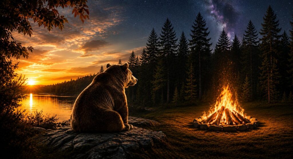 A large brown bear sitting beside a glowing campfire near a peaceful lake at sunset beneath a star-filled sky